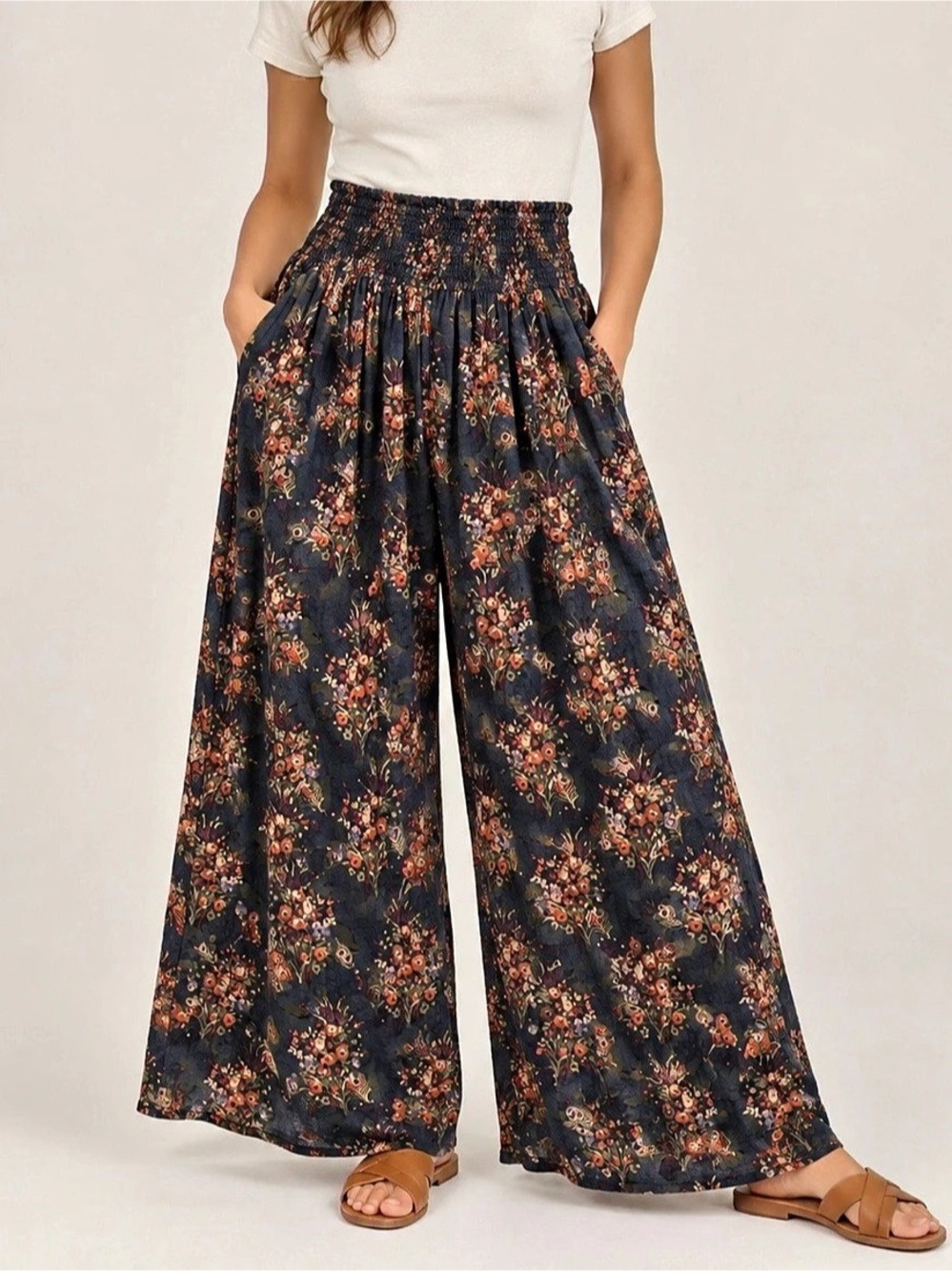 Natural Life Floral Wide Leg Pants in Blue & Orange